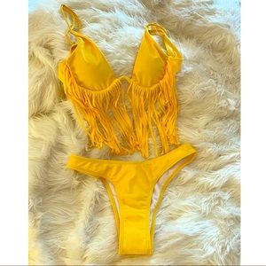 Yellow fringe small high waisted cheeky bikini